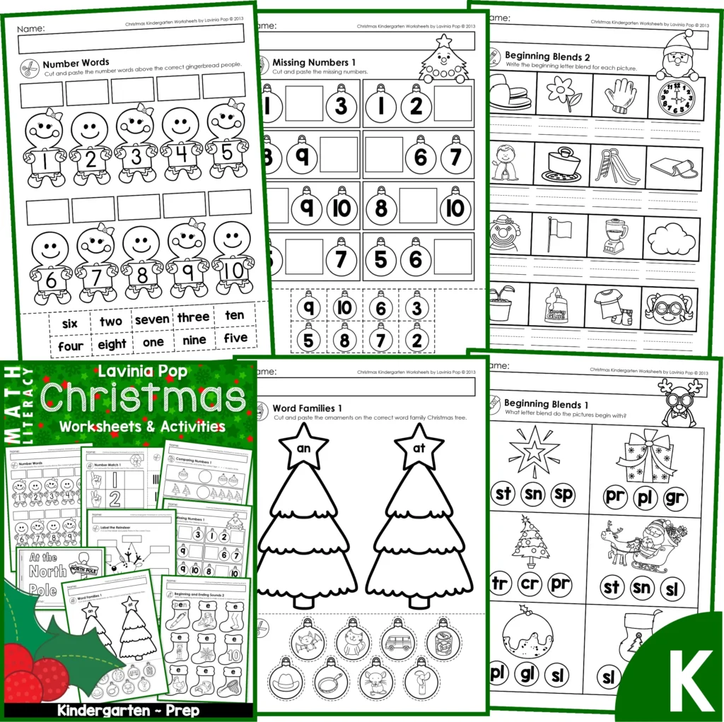 christmas math & literacy worksheets & activities for kindergarten